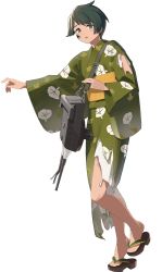 Rule 34 | 1girl, adapted turret, black hair, cannon, commentary request, dirty, dirty face, floral print, geta, green eyes, green kimono, japanese clothes, kantai collection, kimono, looking at viewer, mogami (kancolle), morning glory print, official art, open mouth, sandals, shibafu (glock23), short hair, solo, swept bangs, third-party source, torn clothes, transparent background, turret, yukata, zouri