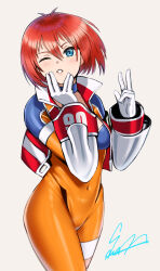 Rule 34 | 1girl, artist name, blue eyes, blush, bodysuit, burning rangers, gauntlets, gloves, highres, looking at viewer, one eye closed, red hair, sawasa, short hair, signature, simple background, solo, tillis
