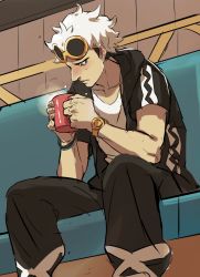 Rule 34 | 1boy, 2hands1cup, black hair, black jacket, black pants, blush, closed mouth, commentary request, creatures (company), cup, eyewear on head, from below, game freak, guzma (pokemon), holding, holding cup, hood, hooded jacket, jacket, looking down, male focus, mug, multicolored hair, nintendo, pants, pokemon, pokemon sm, rott ur, shirt, short sleeves, sitting, solo, steam, sunglasses, team skull, two-tone hair, white hair, white shirt, yellow-framed eyewear
