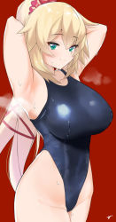 Rule 34 | 1girl, akai haato, armpits, arms behind head, blonde hair, blue one-piece swimsuit, breasts, c@rbon, closed mouth, commentary request, competition swimsuit, green eyes, highres, hololive, large breasts, long hair, looking at viewer, one-piece swimsuit, ponytail, red background, simple background, smile, solo, sweat, swimsuit, virtual youtuber