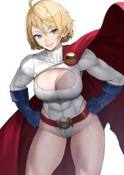 Rule 34 | 1girl, absurdres, ahoge, belt, blue eyes, blue gloves, breasts, cape, cleavage, cleavage cutout, clothing cutout, dc comics, duplicate, gloves, grin, hands on own hips, hands up, highres, large breasts, leotard, lips, long sleeves, power girl, red cape, revision, shiny skin, short hair, simple background, smile, solo, superman (series), thighs, turtleneck, white background, white leotard, yoshio (55level)