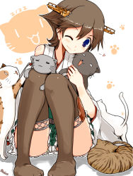 Rule 34 | 0 0, 10s, 1girl, :3, ;), = =, bare shoulders, black thighhighs, blue eyes, blush, brown hair, cat, closed mouth, green skirt, hair between eyes, hairband, head tilt, heart, hiei (kancolle), kanoe soushi, kantai collection, one eye closed, paw print, plaid, plaid skirt, profile, sitting, skirt, smile, standing, thighhighs, twitter username, white background, | |