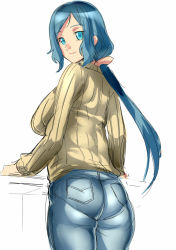 Rule 34 | 10s, 1girl, ass, bad id, bad pixiv id, breasts, denim, dodai shouji, gundam, gundam build fighters, iori rinko, jeans, large breasts, looking at viewer, looking back, mature female, pants, pantylines, ribbed sweater, simple background, smile, solo, sweater, turtleneck, white background