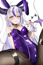 Rule 34 | absurdres, ahoge, animal ears, arm strap, black horns, black nails, blush, bow, bowtie, braid, braided bangs, covered navel, detached collar, fake animal ears, highres, hololive, horns, la+ darknesss, leotard, long hair, masaharu21, multicolored hair, open mouth, playboy bunny, pointy ears, purple leotard, rabbit ears, strapless, strapless leotard, streaked hair, striped horns, thigh strap, virtual youtuber, white wrist cuffs, wrist cuffs, yellow eyes