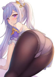 Rule 34 | 1girl, all fours, ass, bare shoulders, bent over, black pantyhose, cone hair bun, double bun, dress, embarrassed, genshin impact, hair bun, hair ornament, highres, icwine, keqing (genshin impact), long hair, looking at viewer, looking back, panties, pantyhose, parted lips, see-through, simple background, skirt, twintails, underwear, white background, white panties