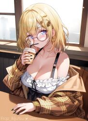 Rule 34 | 1girl, absurdres, armpit crease, artist name, bare shoulders, black-framed eyewear, black nails, black skirt, blonde hair, blue eyes, breasts, brown jacket, cleavage, collarbone, commentary, cup, disposable cup, drinking straw, drinking straw in mouth, earrings, english commentary, frilled shirt, frills, frqz bijutsu, glasses, hair between eyes, hair ornament, hairpin, heart, heart earrings, high-waist skirt, highres, holding, holding cup, hololive, hololive english, indoors, jacket, jewelry, large breasts, light particles, light rays, long sleeves, looking at viewer, mole, mole on breast, monocle, nail polish, off-shoulder shirt, off shoulder, official alternate costume, official alternate hairstyle, open clothes, open jacket, plaid, plaid jacket, puffy long sleeves, puffy sleeves, round eyewear, shirt, short hair, skirt, solo, sunbeam, sunlight, upper body, virtual youtuber, watermark, watson amelia, watson amelia (street casual), white shirt