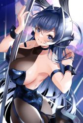 Rule 34 | 1girl, absurdres, animal ears, arm strap, azur lane, black leotard, blue eyes, blue hair, breasts, cleavage, fake animal ears, hair intakes, hair ornament, headgear, highres, huge filesize, large breasts, leotard, long hair, looking at viewer, nail polish, new jersey (azur lane), new jersey (exhilarating steps!) (azur lane), official alternate costume, pole, rabbit ears, see-through, see-through cleavage, solo, stripper pole, upper body, yamaha tsui