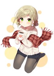 Rule 34 | 1girl, :o, aran sweater, bad id, bad pixiv id, black pantyhose, blue shorts, blush, bow, brown bow, brown scarf, cable knit, coffee, coffee mug, commentary request, copyright request, cup, fingernails, full body, green eyes, hair bow, heart, highres, holding mug, light smile, long sleeves, looking at viewer, mafuyu (chibi21), mug, no shoes, official art, pantyhose, parted lips, plaid, plaid bow, plaid scarf, plaid shorts, scarf, seiza, short shorts, shorts, sitting, sleeves past wrists, solo, sweater, white background, white sweater