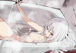 Rule 34 | 0shino, 1girl, absurdres, bathing, blood, breasts, completely nude, convenient censoring, grey hair, hair censor, hair over breasts, highres, holding, holding shower head, indoors, looking at viewer, nude, original, parted lips, partially submerged, purple eyes, shower head, small breasts, solo, striped, tile wall, tiles, vertical stripes, water