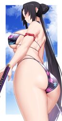 Rule 34 | 1girl, absurdres, arind yudha, arm strap, ass, ass focus, bare shoulders, bikini, black hair, blush, breasts, closed mouth, day, fate/grand order, fate (series), floral print, from behind, from below, hair ornament, highres, large breasts, long hair, looking at viewer, outdoors, purple bikini, purple eyes, purple lips, solo, swimsuit, taira no kagekiyo (fate), thighs, underboob, ushiwakamaru (fate), weapon