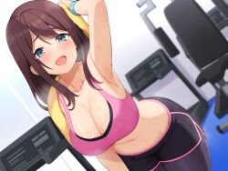 Rule 34 | 1girl, absurdres, arm up, armpits, bare arms, bare shoulders, bent over, black pantyhose, black shorts, blue eyes, blurry, breasts, brown hair, cleavage, collarbone, commentary request, crop top, depth of field, dolphin shorts, dutch angle, gym, heavy breathing, highres, holding, large breasts, long hair, looking at viewer, midriff, navel, open mouth, original, pantyhose, pink shirt, pink sports bra, shirt, short shorts, shorts, sleeveless, sleeveless shirt, smile, solo, sports bra, standing, stomach, sweat, sweatband, towel, towel around neck, umihal