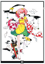 Rule 34 | 1girl, absurdres, apron, bell, bow, character name, checkered clothes, checkered kimono, full body, hair bell, hair ornament, highres, ideolo, japanese clothes, kimono, long sleeves, looking at viewer, motoori kosuzu, open mouth, paper, red eyes, red hair, scan, shirt, shoes, short hair, simple background, single shoe, skirt, smile, socks, solo, touhou, twintails, two side up, vest, white background, white socks, wide sleeves