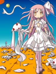 Rule 34 | 10s, 1girl, bad id, bad pixiv id, blood, choke hold, d:, d:&lt;, dress, empty eyes, hair ribbon, injury, kaname madoka, kyubey, long hair, looking at viewer, mahou shoujo madoka magica, mahou shoujo madoka magica (anime), naruse mai, one side up, open mouth, red eyes, ribbon, side ponytail, strangling, torn clothes, ultimate madoka, v-shaped eyebrows, yellow eyes