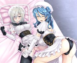 Rule 34 | 2girls, absurdres, alternate costume, apron, black gloves, black legwear, blue eyes, blue hair, blush, breasts, closed mouth, double bun, elbow gloves, enmaided, closed eyes, gloves, grey hair, hair between eyes, hair bun, hair ornament, hairclip, hamakaze (kancolle), highres, kantai collection, large breasts, long hair, looking at viewer, maid, maid apron, multiple girls, open mouth, puffy short sleeves, puffy sleeves, short sleeves, smile, tk8d32, urakaze (kancolle), waist apron, white apron, white gloves