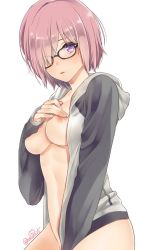 Rule 34 | 1girl, areola slip, artist name, bad id, bad twitter id, between legs, black-framed eyewear, blush, breasts, covering privates, covering crotch, covering nipples, dutch angle, fate/grand order, fate (series), glasses, groin, hair over one eye, hand between legs, hashimoto (yanagi-momo), hood, hood down, hooded jacket, hoodie, jacket, lips, long sleeves, looking at viewer, mash kyrielight, medium breasts, nipple slip, nipples, no bra, no panties, open clothes, open jacket, parted lips, pink hair, purple eyes, shirt tug, short hair, simple background, solo, stomach, twitter username, white background
