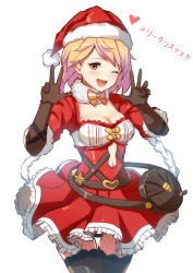 Rule 34 | 10s, 1girl, black thighhighs, blonde hair, breasts, brown eyes, christmas, cleavage, djeeta (granblue fantasy), double v, dress, elbow gloves, gloves, granblue fantasy, hat, long sleeves, looking at viewer, medium breasts, one eye closed, open mouth, red dress, santa costume, santa hat, short hair, smile, solo, thighhighs, v, yi l chen 5