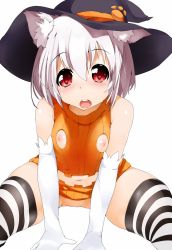 Rule 34 | 1girl, alternate costume, animal ears, bare shoulders, bottomless, breasts, elbow gloves, female focus, gloves, halloween, hat, heart, heart-shaped pupils, highres, inubashiri momiji, jack-o&#039;-lantern, looking at viewer, navel, nippleless clothes, nipples, red eyes, short hair, silver hair, small breasts, solo, spread legs, striped clothes, striped thighhighs, symbol-shaped pupils, terazip, thighhighs, touhou, white background, white gloves, wolf ears