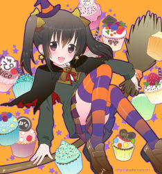 Rule 34 | 10s, 1girl, bad id, bad pixiv id, black hair, blush, broom, capelet, cardigan, cupcake, earrings, food, fruit, halloween, hat, jewelry, kiyose akame, loafers, looking at viewer, love live!, love live! school idol project, mini hat, open mouth, red eyes, school uniform, shoes, short hair, skirt, smile, socks, solo, sprinkles, star (symbol), star earrings, strawberry, striped clothes, striped socks, striped thighhighs, thighhighs, twintails, watermark, web address, witch hat, yazawa nico