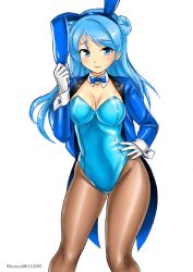 Rule 34 | 1girl, animal ears, blue eyes, blue hair, blue leotard, bow, bowtie, brown pantyhose, covered navel, cowboy shot, detached collar, double bun, doughnut hair bun, fake animal ears, fake tail, gloves, hair bun, jacket, kantai collection, komon06114592, leotard, one-hour drawing challenge, pantyhose, playboy bunny, rabbit ears, rabbit tail, simple background, solo, standing, strapless, strapless leotard, tail, tailcoat, urakaze (kancolle), white background, white gloves, wing collar, wrist cuffs