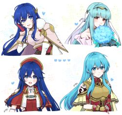 Rule 34 | 4girls, :d, aqua hair, armor, bare shoulders, blue eyes, blue hair, blue theme, bouquet, breastplate, bride, caeda (beloved queen) (fire emblem), caeda (fire emblem), cape, closed mouth, clothing cutout, detached sleeves, dress, earrings, eirika (fire emblem), fingerless gloves, fire emblem, fire emblem: mystery of the emblem, fire emblem: the binding blade, fire emblem: the blazing blade, fire emblem: the sacred stones, fire emblem heroes, flower, gloves, hair between eyes, hair ribbon, heart, highres, holding, holding bouquet, jewelry, lilina (fire emblem), long hair, looking at viewer, misato hao, multiple girls, ninian (bridal) (fire emblem), ninian (fire emblem), nintendo, open mouth, pauldrons, red dress, red eyes, red gloves, ribbon, shoulder armor, shoulder cutout, smile, upper body, white ribbon