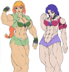 Rule 34 | 1990s (style), 2girls, abs, biceps, breasts, excel, excel saga, extreme muscles, fingerless gloves, flexing, gloves, higalack, highres, hyatt, multiple girls, muscular, retro artstyle