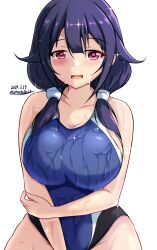 Rule 34 | 1girl, ahoge, black one-piece swimsuit, blue one-piece swimsuit, blush, breasts, collarbone, competition swimsuit, covered navel, dated, hair flaps, highleg, highleg swimsuit, highres, impossible clothes, impossible swimsuit, kantai collection, large breasts, looking at viewer, low twintails, montemasa, multicolored clothes, multicolored swimsuit, one-piece swimsuit, purple hair, red eyes, swimsuit, taigei (kancolle), twintails, twitter username, two-tone swimsuit, wet, wet clothes, wet swimsuit