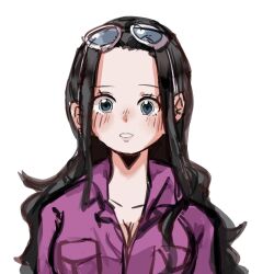 Rule 34 | 1girl, black hair, blue-tinted eyewear, blue eyes, blush, collared shirt, eyewear on head, highres, long hair, long sleeves, nico robin, one piece, parted lips, purple shirt, ri fanart, shirt, sidelocks, simple background, solo, tinted eyewear, upper body, white background