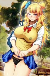 Rule 34 | 1girl, asymmetrical hair, bag, bench, black panties, blonde hair, blue eyes, blue scrunchie, blue skirt, blush, bow, bowtie, breasts, closed mouth, clothes lift, collared shirt, day, dutch angle, earrings, embarrassed, galko, gyaru, hair bun, hair ornament, hair scrunchie, highres, itachou, jewelry, large breasts, lifted by self, long hair, looking at viewer, one side up, oshiete! galko-chan, outdoors, panties, park bench, plaid, plaid skirt, red bow, red bowtie, school bag, school uniform, scrunchie, shirt, single side bun, skirt, skirt lift, sleeves rolled up, solo, standing, stud earrings, sweater vest, tree, trembling, underwear, white shirt, yellow sweater vest