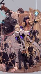 Rule 34 | ahoge, armor, artoria caster (fate), artoria caster (third ascension) (fate), artoria pendragon (fate), black hair, blonde hair, blood, bloody weapon, bow (weapon), brown hair, crown, facial mark, fate/grand order, fate (series), flower, green eyes, group picture, highres, holding, holding rod, holding staff, king hassan (fate), long hair, mask, merlin (fate), muscular, muscular male, purple eyes, red eyes, robe, rod, romulus quirinus (fate), squatting, staff, super orion (fate), sword, tai gong wang (fate), tezcatlipoca (fate), tezcatlipoca (second ascension) (fate), weapon, white hair, white robe, worrisorochi