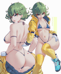 1girl :p absurdres artist_name ass ass_tattoo bikini blue_bikini blue_footwear breasts commentary cropped_jacket curly_hair flipped_hair foot_out_of_frame gloves green_eyes green_hair halterneck hand_on_own_thigh heart heart_tattoo high_tops highleg highleg_bikini highres invisible_chair jacket long_sleeves looking_at_viewer medium_breasts melowh multiple_views navel one-punch_man open_clothes open_jacket open_mouth patreon_username shoes short_hair sitting sneakers string_bikini swimsuit tatsumaki tattoo teeth thighhighs thong_bikini tongue tongue_out turning_head underboob upper_teeth_only white_background white_gloves yellow_thighhighs