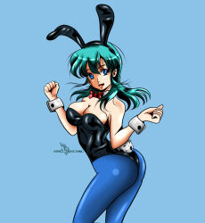 Rule 34 | 1girl, aqua hair, artist request, ass, blue eyes, blue pantyhose, bowtie, breasts, bulma, cleavage, clenched hands, detached collar, dragon ball, dragon ball (classic), hair between eyes, hands up, happy, highres, large breasts, leotard, long hair, looking at viewer, looking back, open mouth, pantyhose, playboy bunny, rabbit ears, rabbit tail, red bow, red bowtie, smile, solo, standing, strapless, strapless leotard, wrist cuffs