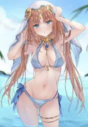 Rule 34 | 1girl, :c, absurdres, bikini, blue bikini, blue eyes, blue sky, blush, branch, breasts, breasts apart, closed mouth, cloud, cloudy sky, collarbone, commentary request, contrapposto, day, fisheye, genshin impact, head tilt, highres, horizon, large breasts, legs apart, long hair, looking at viewer, maruro, navel, nilou (genshin impact), ocean, orange hair, outdoors, parted bangs, side-tie bikini bottom, sidelocks, sky, solo, stomach, swimsuit, thighs, wading, water, white veil