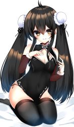 Rule 34 | 1girl, antenna hair, bad id, bad pixiv id, bare shoulders, black dress, black hair, black ribbon, black thighhighs, blush, breasts, brown eyes, brown sleeves, bun cover, china dress, chinese clothes, cleavage, closed mouth, commentary request, covered navel, detached sleeves, double bun, dress, fur-trimmed sleeves, fur trim, hair between eyes, hair bun, hair ribbon, highres, idolmaster, idolmaster cinderella girls, long hair, long sleeves, matoba risa, no shoes, ribbon, ricroot, seiza, sidelocks, sitting, sleeveless, sleeveless dress, small breasts, solo, thighhighs, twintails, v-shaped eyebrows, very long hair, wavy mouth, white background