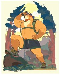 Rule 34 | 1boy, backpack, backwards hat, bag, bara, baseball cap, bear boy, beard, blue eyes, brown hair, day, derek honnington (saltypoundcake), facial hair, forest, full body, furry, furry male, hand on own hip, hat, highres, large pectorals, leg up, looking ahead, male focus, muscular, muscular male, nature, navel hair, nipples, orange fur, original, outdoors, pectorals, saltypoundcake, shoes, short hair, shorts, smile, sneakers, solo, thick thighs, thighs, topless male