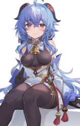 Rule 34 | 1girl, ahoge, bare shoulders, bell, black bodysuit, black gloves, blue gemstone, blue hair, blush, bodysuit, bodysuit under clothes, bow, breasts, closed mouth, crossed bangs, detached sleeves, ganyu (genshin impact), gem, genshin impact, gloves, goat horns, gold trim, hair between eyes, hair bow, hand up, highres, hopepe, horns, large breasts, long hair, long sleeves, looking at viewer, neck bell, ponytail, purple bow, purple eyes, revision, shadow, sidelocks, simple background, sitting, snowflake print, solo, tassel, vision (genshin impact), white background, wide sleeves