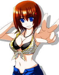 Rule 34 | 1girl, arm behind head, bare shoulders, bikini, black bikini, blue eyes, breasts, brown hair, engo (aquawatery), front-tie top, grin, hair ornament, highres, jewelry, large breasts, lyrical nanoha, navel, necklace, outstretched arm, short hair, sleeveless, smile, solo, swimsuit, underboob, v, yagami hayate