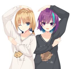 Rule 34 | 2girls, :3, :d, ;), absurdres, aqua hair, arm up, black shirt, blonde hair, blue eyes, braid, casual, closed mouth, collarbone, commentary, crown braid, eyelashes, eyes visible through hair, hair between eyes, hand up, heart arms duo, highres, ibaraki rino, kaon zz, kido tsubasa, long hair, looking at viewer, low twintails, multicolored hair, multiple girls, one eye closed, open mouth, parquet (yuzusoft), purple eyes, purple hair, shirt, short hair, shrimp print, simple background, sleeves past wrists, smile, streaked hair, twintails, upper body, white background, white shirt