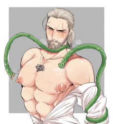 Rule 34 | 1boy, abs, beard, blush, facial hair, geralt of rivia, kiricloud, male focus, monster, muscular, nipples, pectorals, restrained, scar, slime, steam, tentacles, the witcher (series), the witcher 3, undressing