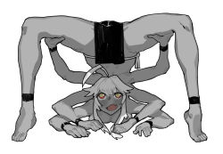 Rule 34 | 1girl, :o, ahoge, anklet, back, barefoot, bracelet, breasts, colored sclera, commentary request, dark-skinned female, dark skin, extra arms, fang, flipped hair, greyscale, hair between eyes, hands on own legs, jewelry, long hair, looking up, lying, monochrome, mons pubis, monster girl, on stomach, open mouth, original, panties, pelvic curtain, red sclera, shawn ger lin, side-tie panties, sidelocks, simple background, solo, spot color, toes, underwear, white background, yellow eyes