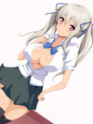 Rule 34 | 1girl, black legwear, blush, bow, bowtie, breasts, cleavage, eve (artist), grey hair, hand on own hip, highres, large breasts, legs, looking at viewer, no bra, pink eyes, school uniform, simple background, skirt, standing, thighs, twintails, unbuttoned, white background