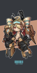 Rule 34 | 1girl, ahoge, barcode, battle of titans, blonde hair, cannon, chibi, dark skin, drill hair, dual wielding, hair intakes, hair over one eye, headgear, highres, holding, joints, mecha musume, mechanical arms, mechanical legs, mechanical tail, non-web source, personification, red eyes, robot, robot joints, stomach, tail, twin drills