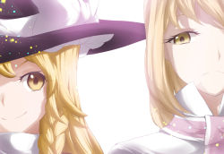 Rule 34 | 2girls, alice margatroid, backlighting, blonde hair, braid, commentary, frown, hat, htangt, kirisame marisa, long hair, multiple girls, out of frame, simple background, single braid, smile, touhou, witch hat, yellow eyes