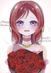 Rule 34 | 1girl, absurdres, artist name, artist request, bare shoulders, blush, bouquet, breasts, collarbone, dress, female focus, flower, hair between eyes, highres, holding, holding bouquet, holding flower, looking at viewer, love live!, love live! school idol project, nishikino maki, parted lips, pink detached collar, purple eyes, red flower, red hair, rose, short hair, smile, solo, upper body, white background
