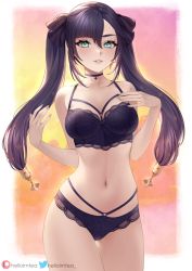 Rule 34 | 1girl, aqua eyes, black ribbon, blush, bra, breasts, choker, cleavage, collarbone, commentary request, cowboy shot, earrings, genshin impact, hair between eyes, hair ribbon, hand on own chest, hands up, helloimtea, highres, jewelry, lace, lace-trimmed bra, lace-trimmed panties, lace trim, long hair, looking at viewer, medium breasts, mona (genshin impact), multicolored background, navel, panties, parted lips, patreon logo, purple bra, purple choker, purple hair, purple panties, ribbon, smile, solo, stomach, thigh gap, thighs, twintails, twitter logo, twitter username, underwear, underwear only