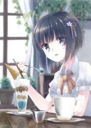 Rule 34 | 1girl, black hair, blouse, blue eyes, blurry, bob cut, bookshelf, buttons, coffee cup, collared shirt, cup, curtains, dated, depth of field, disposable cup, eating, flower, flower pot, food, from side, hair flower, hair ornament, hairclip, highres, holding, holding spoon, ice cream, ice cream cone, indoors, looking at viewer, makadamixa, neck ribbon, open mouth, original, parfait, plant, ribbon, saucer, shirt, short hair, short sleeves, signature, solo, spoon, table, upper body, white shirt, window