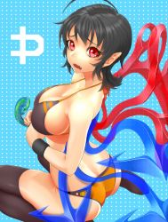 Rule 34 | 1girl, ahoge, ass, asymmetrical wings, bare shoulders, bikini, black hair, black thighhighs, breasts, cleavage, fangs, gishu, highres, houjuu nue, large breasts, looking at viewer, open mouth, pointy ears, red eyes, sideboob, sitting, snake, solo, strap gap, swimsuit, thighhighs, touhou, wariza, wavy mouth, wings, wristband
