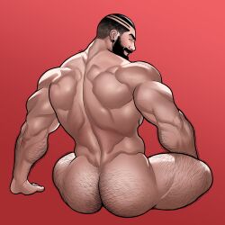 Rule 34 | 1boy, absurdres, artist name, ass, bara, beard, buzz cut, completely nude, ear piercing, facial hair, gherod, hairy, highres, huge ass, looking at viewer, looking back, male focus, manly, mature male, muscular, muscular male, nude, original, piercing, red background, short hair, signature, simple background, sitting, smirk, solo, thick arms, thick eyebrows, thick thighs, thighs, triceps, very short hair