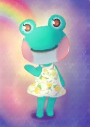 Rule 34 | 1girl, animal crossing, artist request, bare arms, bare back, bare shoulders, blush, closed mouth, dress, flower, frog, full body, lily (animal crossing), looking at viewer, nintendo, non-web source, orange eyes, personification, pineapple print, purple background, rainbow, sleeveless, sleeveless dress, smile, solo, standing
