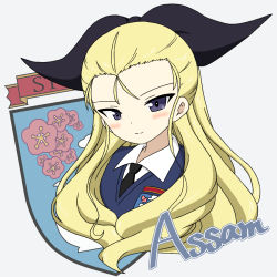 Rule 34 | 1girl, assam (girls und panzer), black necktie, black ribbon, blonde hair, blue eyes, blue sweater, blush, character name, closed mouth, commentary request, cropped torso, dress shirt, emblem, girls und panzer, grey background, hair pulled back, hair ribbon, head tilt, ichinose jun, light blush, long hair, long sleeves, looking at viewer, necktie, partial commentary, ribbon, school uniform, shirt, smile, solo, st. gloriana&#039;s (emblem), st. gloriana&#039;s school uniform, sweater, upper body, v-neck, white shirt, wing collar