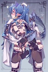Rule 34 | 1girl, absurdres, arknights, arms behind back, bdsm, black thighhighs, blue eyes, blue hair, bondage, bound, bound arms, breasts, commission, dragon horns, dragon tail, exoskeleton, hair between eyes, highres, horns, imazawa, ling (arknights), long hair, looking at viewer, pointy ears, restrained, reverse prayer, second-party source, short shorts, shorts, solo, tail, thighhighs, toeless legwear, very long hair